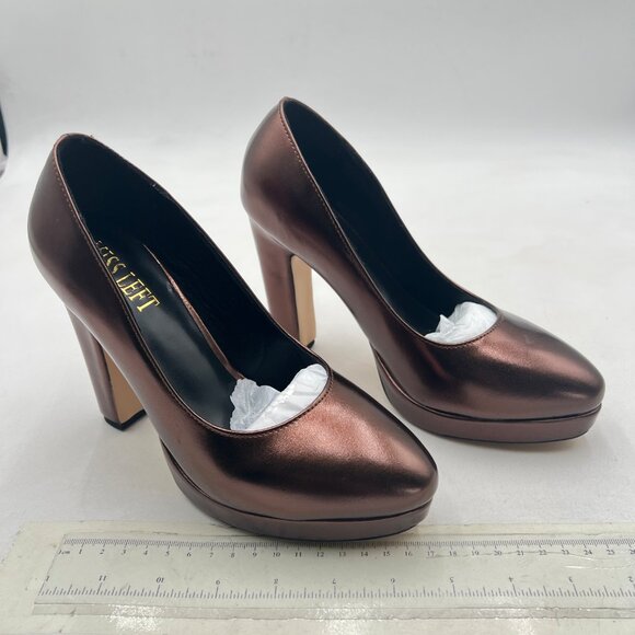 miss left Brown Platform Almond Toe Pumps Classic Slip On Chunky High Heel Shoes - Picture 4 of 8